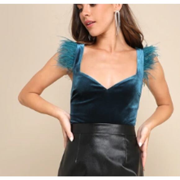 Lulu's Tops - LULU'S SZ M Fabulous Vibe Teal Blue Velvet Feather Sleeveless Bodysuit NEW b22